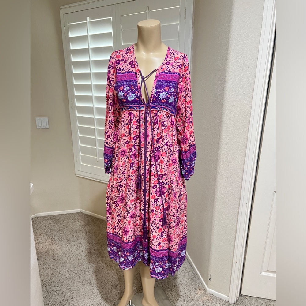 Bohemian Boho Hippie Modest Paisley Floral Peasant‎ Lounge Midi Dress Size Small